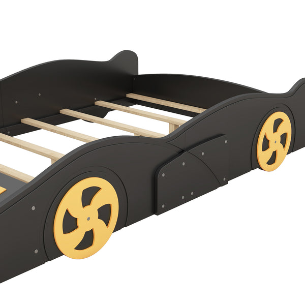 English Elm Full Full Size Race Car-Shaped Platform Bed with Wheels, Built-In Storage, Safety Rails, 400lb Capacity Black WF305760AAB