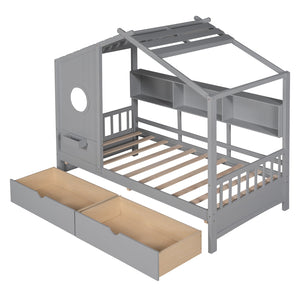 English Elm Wooden Twin House Bed with Roof and Built-In Shelf Plus Two Underbed Drawers for Kids Playful Retreat Gray 41.65 L x 18.25 W x 6 H N733S308483E