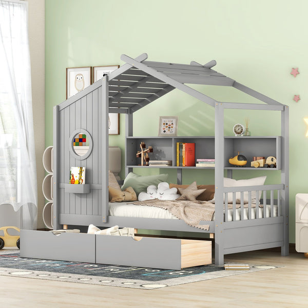 English Elm Wooden Twin House Bed with Roof and Built-In Shelf Plus Two Underbed Drawers for Kids Playful Retreat Gray 41.65 L x 18.25 W x 6 H N733S308483E