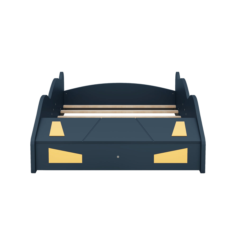 English Elm Twin Race Car-Shaped Platform Bed with Wheels, Built-In Storage & Safety Rails for Kids Dark Blue WF305759AAC