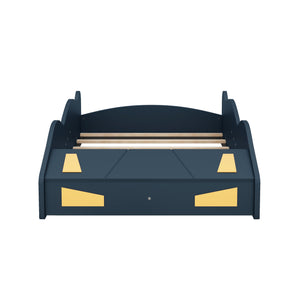 English Elm Twin Race Car-Shaped Platform Bed with Wheels, Built-In Storage & Safety Rails for Kids Dark Blue WF305759AAC