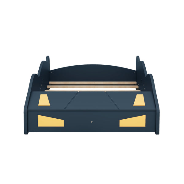 English Elm Twin Race Car-Shaped Platform Bed with Wheels, Built-In Storage & Safety Rails for Kids Dark Blue WF305759AAC