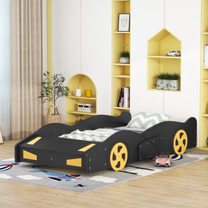 English Elm Twin Race Car-Shaped Platform Bed with Wheels, Built-In Storage & Safety Rails for Kids Black WF305759AAB