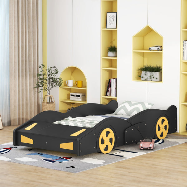English Elm Twin Race Car-Shaped Platform Bed with Wheels, Built-In Storage & Safety Rails for Kids Black WF305759AAB