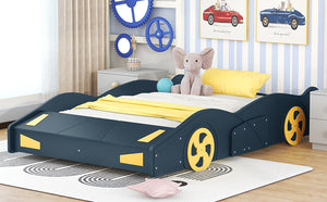 English Elm Full Full Size Race Car-Shaped Platform Bed with Wheels, Built-In Storage, Safety Rails, 400lb Capacity Dark Blue WF305760AAC