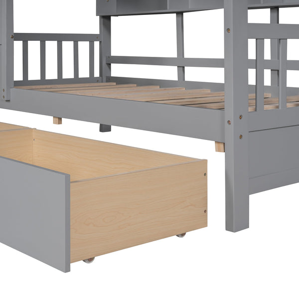 English Elm Wooden Twin House Bed with Roof and Built-In Shelf Plus Two Underbed Drawers for Kids Playful Retreat Gray 41.65 L x 18.25 W x 6 H N733S308483E