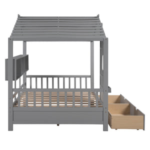English Elm Wooden Full Size House Bed with Roof and Built-In Shelf, 2 Underbed Drawers, Sturdy Pine Frame 78" L Gray 57 L x 18.2 W x 6 H N733S308487E