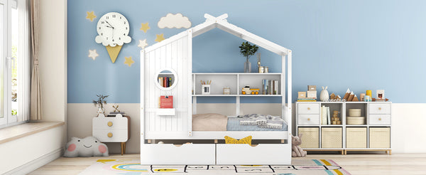 English Elm Wooden Twin House Bed with Roof and Built-In Shelf Plus Two Underbed Drawers for Kids Playful Retreat White 41.65 L x 18.25 W x 6 H N733S308483K