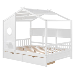 English Elm Wooden Full Size House Bed with Roof and Built-In Shelf, 2 Underbed Drawers, Sturdy Pine Frame 78" L White 57 L x 18.2 W x 6 H N733S308487K