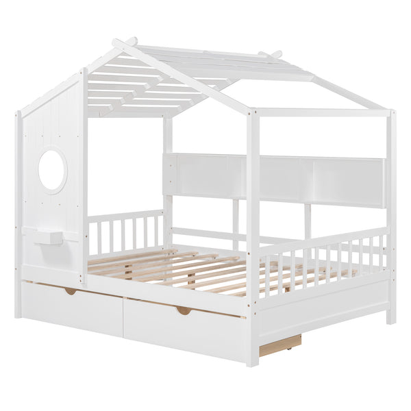 English Elm Wooden Full Size House Bed with Roof and Built-In Shelf, 2 Underbed Drawers, Sturdy Pine Frame 78" L White 57 L x 18.2 W x 6 H N733S308487K