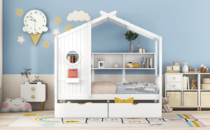 English Elm Wooden Twin House Bed with Roof and Built-In Shelf Plus Two Underbed Drawers for Kids Playful Retreat White 41.65 L x 18.25 W x 6 H N733S308483K