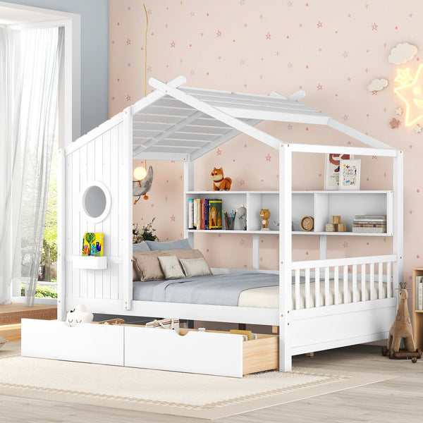 English Elm Wooden Full Size House Bed with Roof and Built-In Shelf, 2 Underbed Drawers, Sturdy Pine Frame 78" L White 57 L x 18.2 W x 6 H N733S308487K