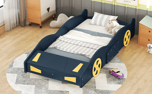 English Elm Twin Race Car-Shaped Platform Bed with Wheels, Built-In Storage & Safety Rails for Kids Dark Blue WF305759AAC