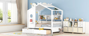 English Elm Wooden Twin House Bed with Roof and Built-In Shelf Plus Two Underbed Drawers for Kids Playful Retreat White 41.65 L x 18.25 W x 6 H N733S308483K