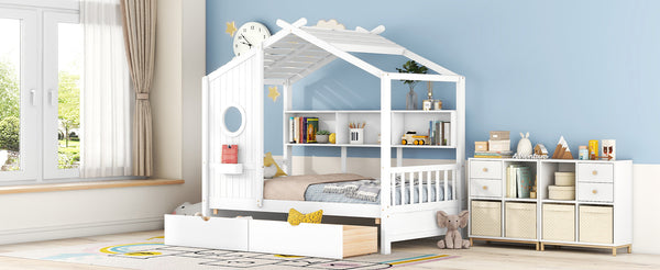 English Elm Wooden Twin House Bed with Roof and Built-In Shelf Plus Two Underbed Drawers for Kids Playful Retreat White 41.65 L x 18.25 W x 6 H N733S308483K