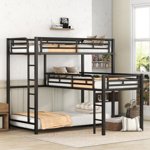 English Elm L-shaped Metal Triple Twin Bunk Bed Black with Integrated Ladder, Full-Guardrails, Metal Slats, No Box Spring Needed MF285891AAB