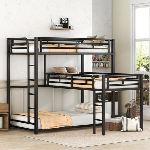 English Elm L-shaped Metal Triple Twin Bunk Bed Black with Integrated Ladder, Full-Guardrails, Metal Slats, No Box Spring Needed MF285891AAB