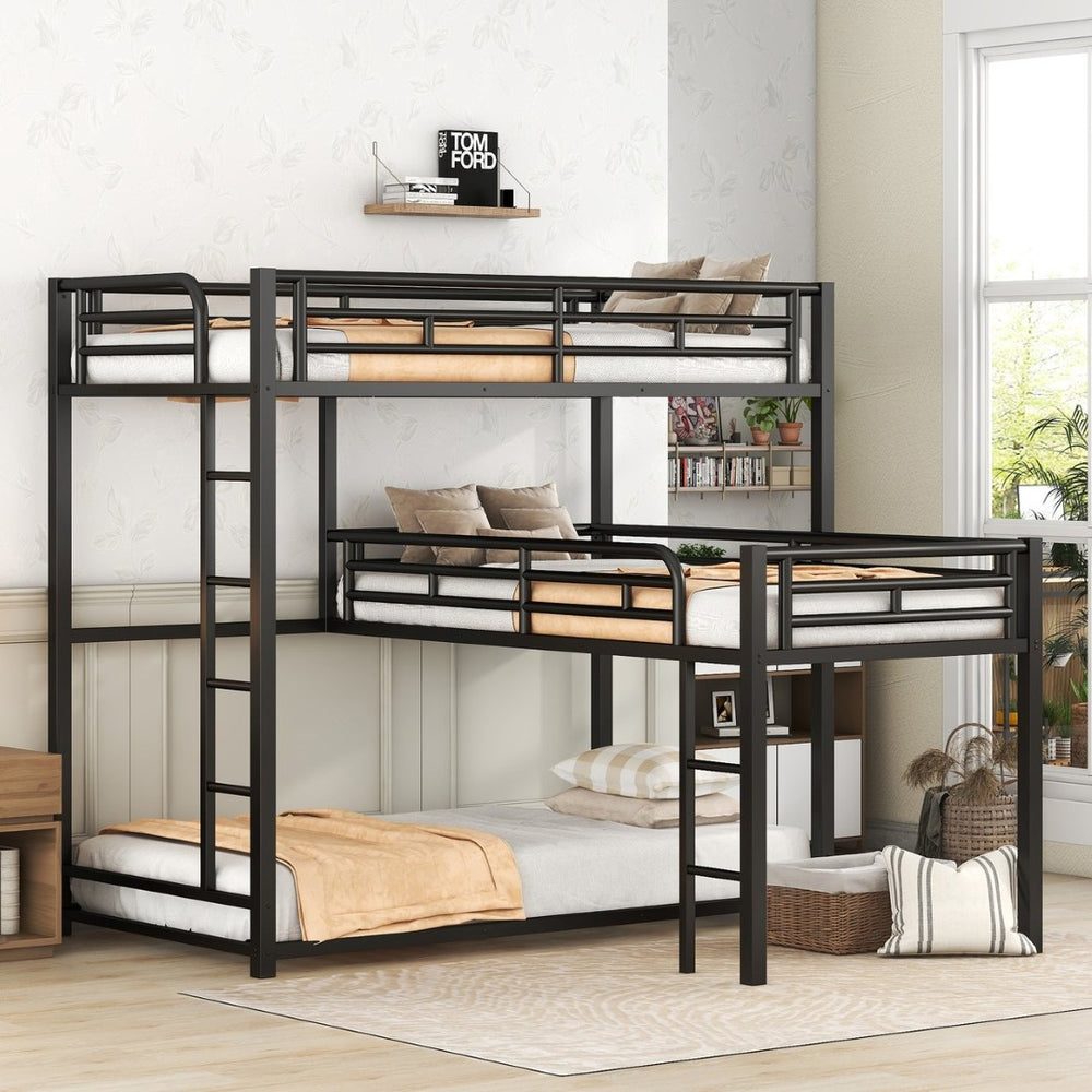 English Elm L-shaped Metal Triple Bunk Bed with Guardrails for Kids Shared Rooms in Matte Black N7090000605B