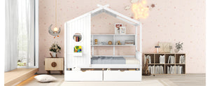 English Elm Wooden Full Size House Bed with Roof and Built-In Shelf, 2 Underbed Drawers, Sturdy Pine Frame 78" L White 57 L x 18.2 W x 6 H N733S308487K