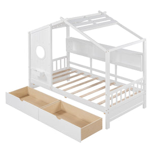 English Elm Wooden Twin House Bed with Roof and Built-In Shelf Plus Two Underbed Drawers for Kids Playful Retreat White 41.65 L x 18.25 W x 6 H N733S308483K