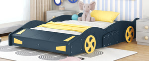 English Elm Full Full Size Race Car-Shaped Platform Bed with Wheels, Built-In Storage, Safety Rails, 400lb Capacity Dark Blue WF305760AAC