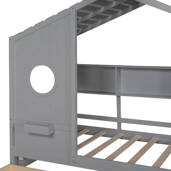 English Elm Wooden Twin House Bed with Roof and Built-In Shelf Plus Two Underbed Drawers for Kids Playful Retreat Gray 41.65 L x 18.25 W x 6 H N733S308483E