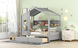 English Elm Wooden Twin House Bed with Roof, 2 Drawers & Back Shelf — Gray Kids Play Bed with Storage HL000051AAE