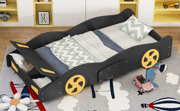 English Elm Twin Race Car-Shaped Platform Bed with Wheels, Built-In Storage & Safety Rails for Kids Black WF305759AAB