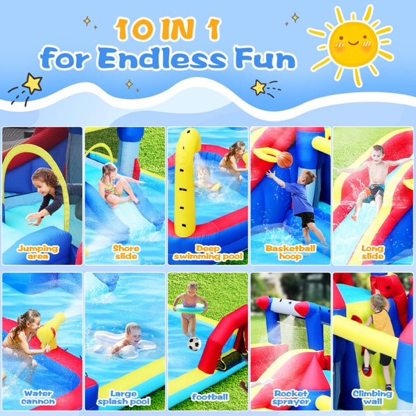 English Elm 10 in 1 Inflatable Backyard Water Park with Slide Bounce Zone Climbing Wall Pool W167790000