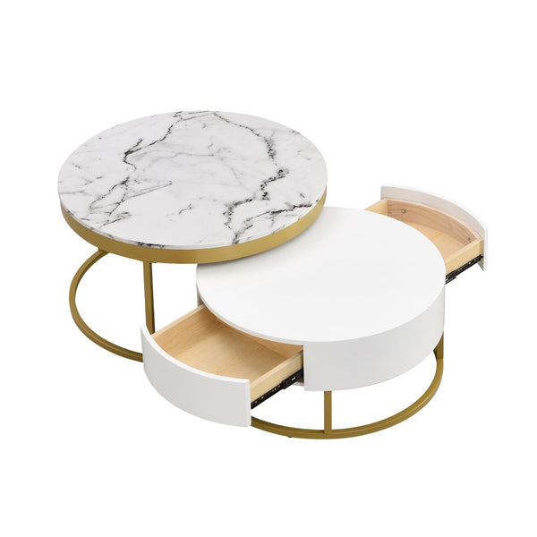 English Elm Modern White Lacquer Round Nesting Tables Gold Pedestal Base Glam Living Room Set N735P386429K