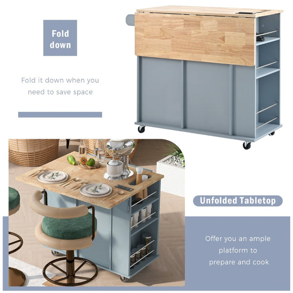 English Elm Kitchen Island Cart with Drop Leaf Power Outlet Rubberwood Top Wine Rack Rolling Blue WF305556AAG