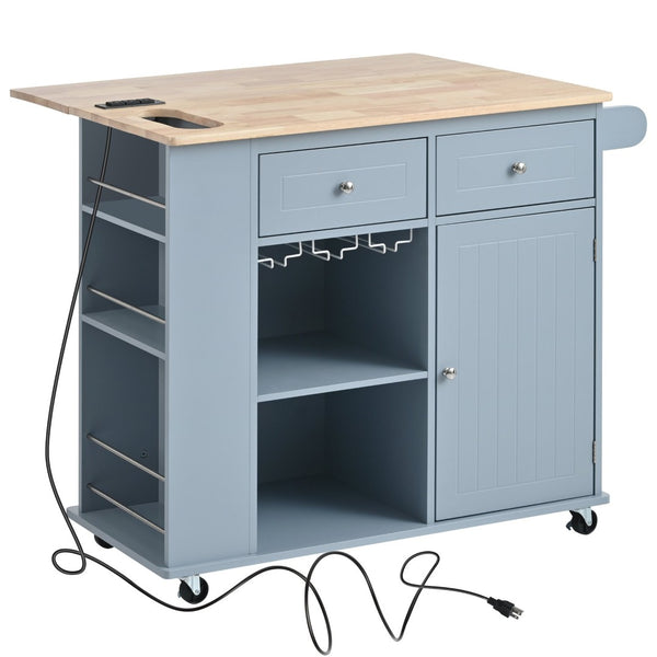 English Elm Kitchen Island Cart with Drop Leaf Power Outlet Rubberwood Top Wine Rack Rolling Blue WF305556AAG