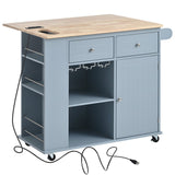 English Elm Kitchen Island With Power Outlet,Kitchen Storage Island With Drop Leaf and Rubber Wood,Open Storage and Wine Rack,5 Wheels,With Adjustable Storage For Home, Kitchen, and Dining Room, Grey Blue