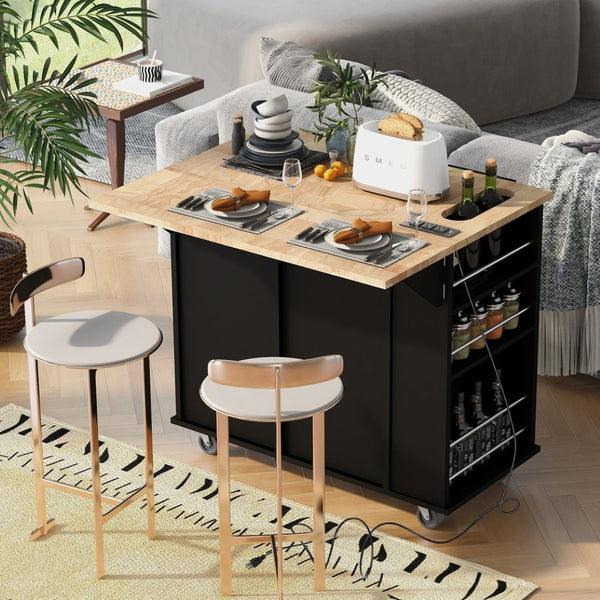 English Elm Kitchen Island Cart with Drop Leaf Power Outlet Rubberwood Top Wine Rack Rolling Black WF305556AAB