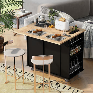 English Elm Kitchen Island With Power Outlet,Kitchen Storage Island With Drop Leaf and Rubber Wood,Open Storage and Wine Rack,5 Wheels,With Adjustable Storage For Home, Kitchen, and Dining Room, Black