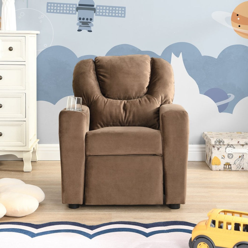 English Elm Kids Velvet Recliner with Adjustable Footrest Padded Headrest and Built in Cup Holders W214101804