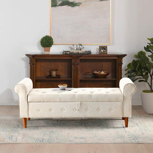 English Elm 62" Tufted Button Storage Bench with Solid Wood Feet, Modern Fabric Ottoman for Entryway Seating and Bedroom Elegance Beige W1853112515