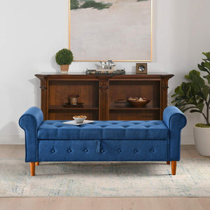 English Elm 62" Tufted Button Storage Bench with Solid Wood Feet, Modern Fabric Ottoman for Entryway Seating and Bedroom Elegance Blue W1853112514