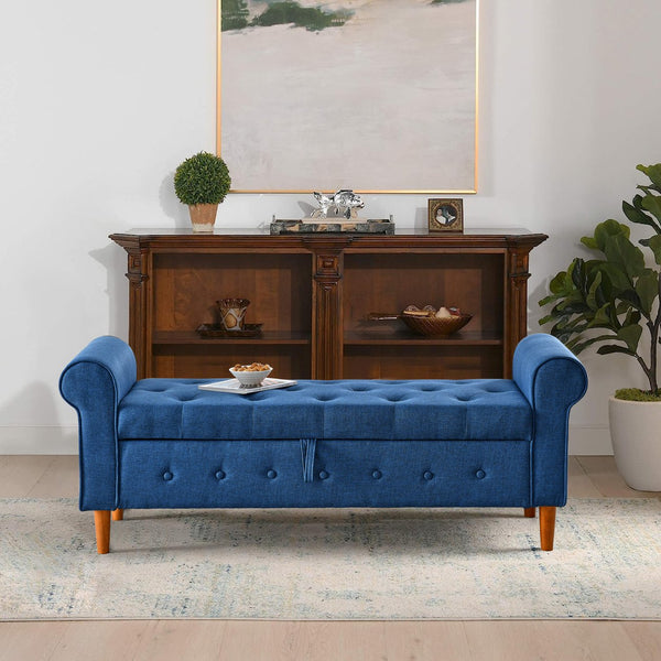 English Elm 62" Tufted Button Storage Bench with Solid Wood Feet, Modern Fabric Ottoman for Entryway Seating and Bedroom Elegance Blue W1853112514