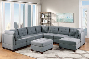 English Elm Modular 9-Piece Sectional Sofa Set With Tufted Design, Nailhead Trim & Gray Linen Fabric For Versatile Living Spaces B011S00413