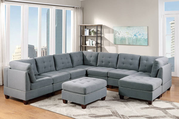 English Elm Modular 9-Piece Sectional Sofa Set With Tufted Design, Nailhead Trim & Gray Linen Fabric For Versatile Living Spaces B011S00413
