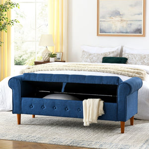 English Elm 62" Tufted Button Storage Bench with Solid Wood Feet, Modern Fabric Ottoman for Entryway Seating and Bedroom Elegance Blue W1853112514