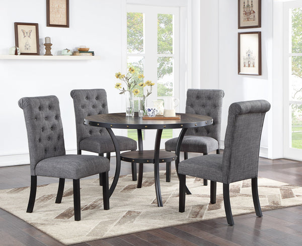 English Elm Modern Round Dining Set with Nailhead Trim and Under-Table Storage, Plush Upholstered Chairs Charcoal grey 52 L x 52 W x 6 H B011S00421
