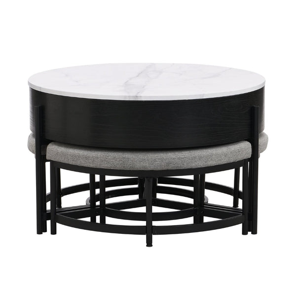 English Elm Modern Round Lift Top Coffee Table with Hidden Storage and Three Nesting Ottomans CH265770AAB