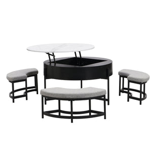 English Elm Modern Round Lift Top Coffee Table with Hidden Storage and Three Nesting Ottomans CH265770AAB
