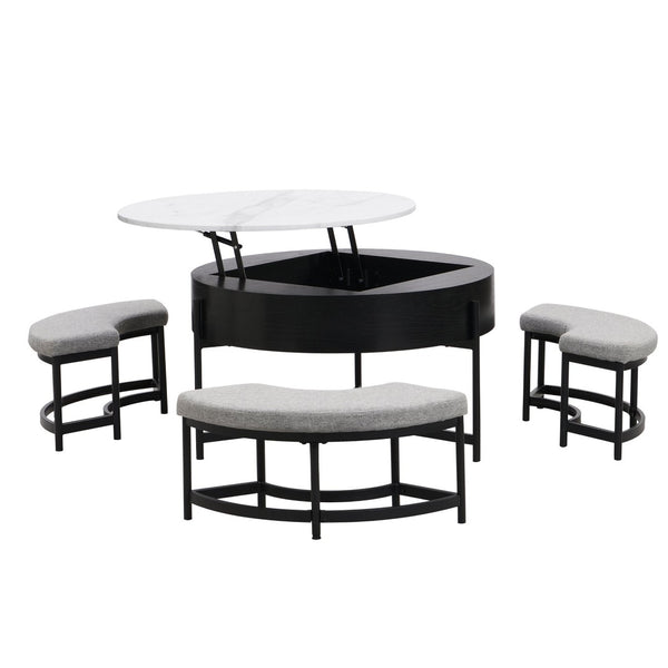 English Elm Modern Round Lift Top Coffee Table with Hidden Storage and Three Nesting Ottomans CH265770AAB