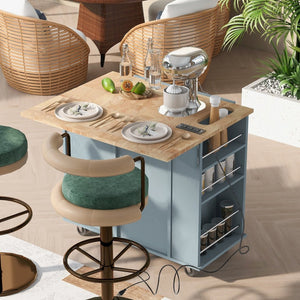 English Elm Kitchen Island Cart with Drop Leaf Power Outlet Rubberwood Top Wine Rack Rolling Blue WF305556AAG