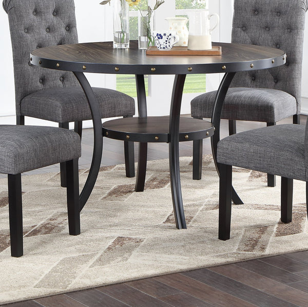 English Elm Modern Round Dining Set with Nailhead Trim and Under-Table Storage, Plush Upholstered Chairs Charcoal grey 52 L x 52 W x 6 H B011S00421