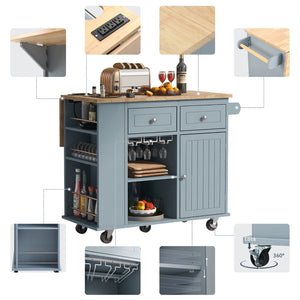 English Elm Kitchen Island Cart with Drop Leaf Power Outlet Rubberwood Top Wine Rack Rolling Blue WF305556AAG