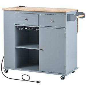 English Elm Kitchen Island Cart with Drop Leaf Power Outlet Rubberwood Top Wine Rack Rolling Blue WF305556AAG